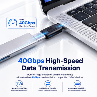  laptop with a black USB C adapter connected, highlighting high-speed data transfer up to 40Gbps, with text overlay