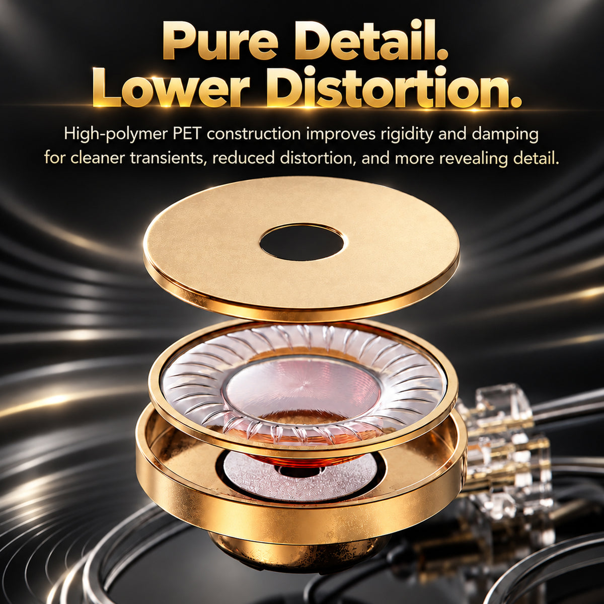 Graphic illustration of layered driver components with gold, silver, and pink parts, emphasizing pure detail and lower distortion, on a dark background