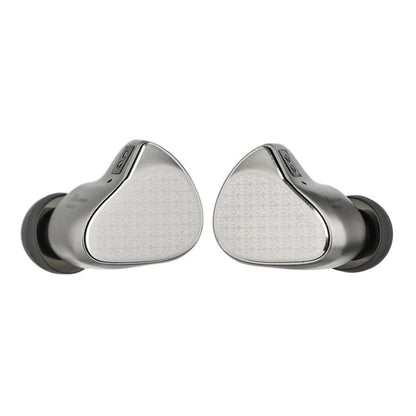 Detailed view of the silver and black in-ear monitors with braided cable, highlighting premium build quality and design