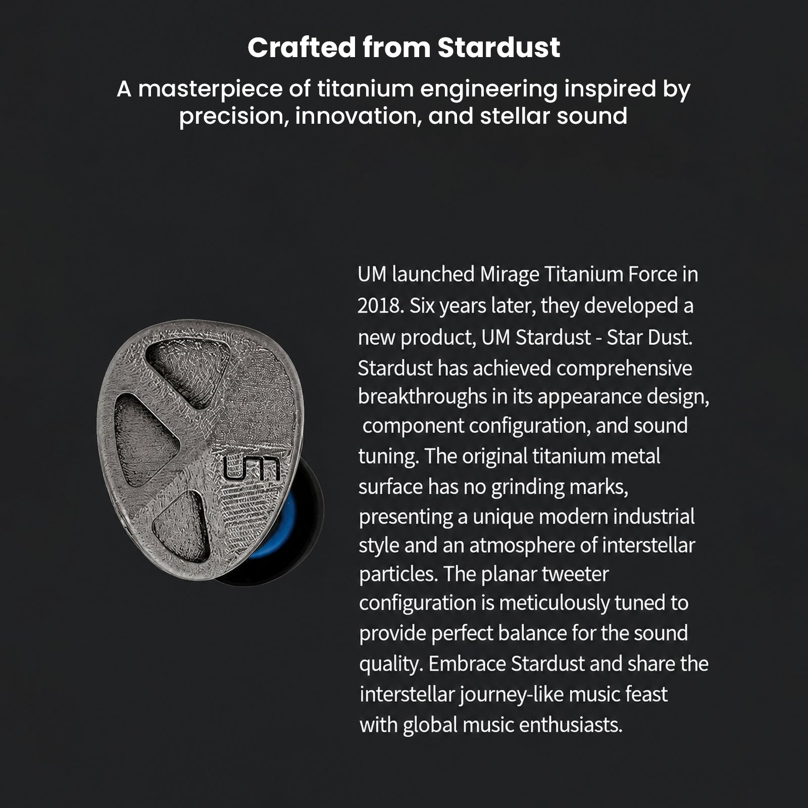 Exploded view of titanium in-ear monitor components with technical labels