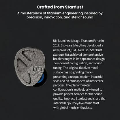 Exploded view of titanium in-ear monitor components with technical labels