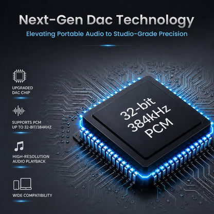 Graphic highlighting the next-generation DAC technology of the Kiwi Ears AD1 Pro, featuring a high-resolution 32-bit chip with 384kHz PCM support and ultra-low distortion