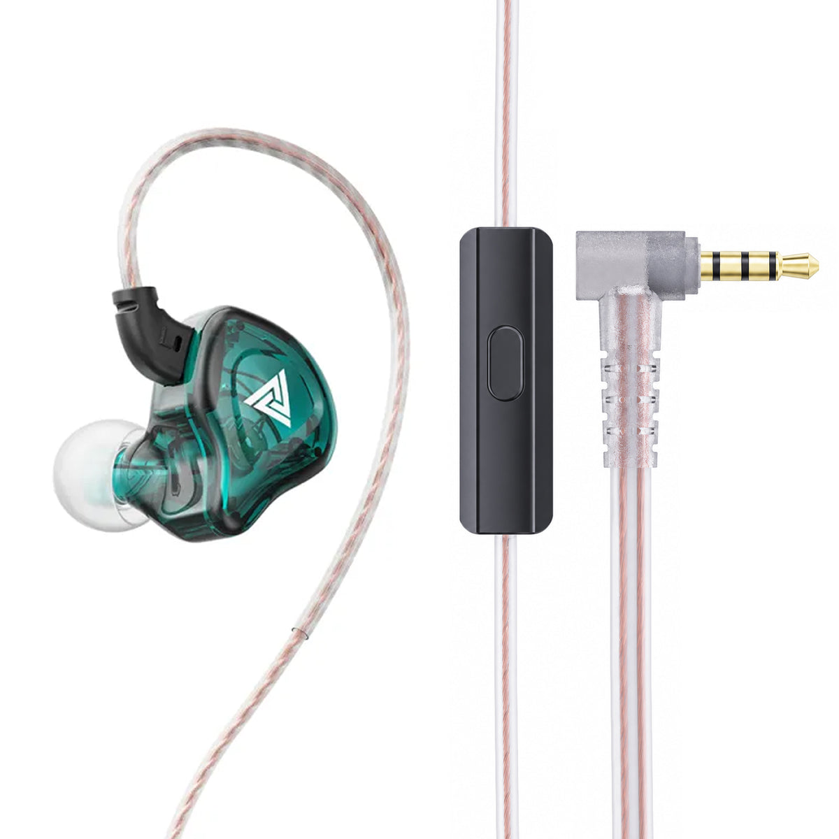 In-ear monitor with teal and black transparent casing, white silicone ear tip, and braided pink and white cable, featuring a black inline control module