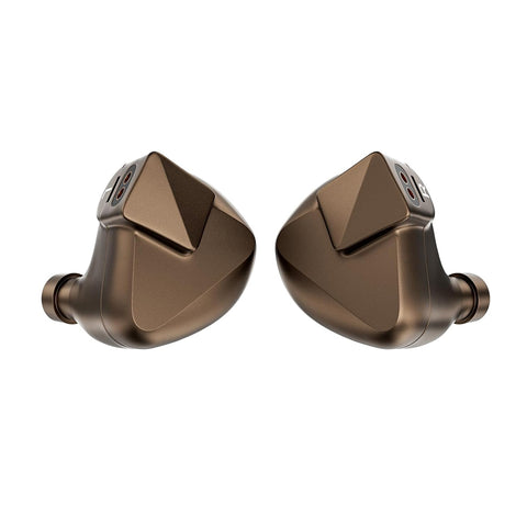 LETSHUOER S12 Ultra IEMs in brown with angular CNC aluminum shells, showcasing premium build and ergonomic design.