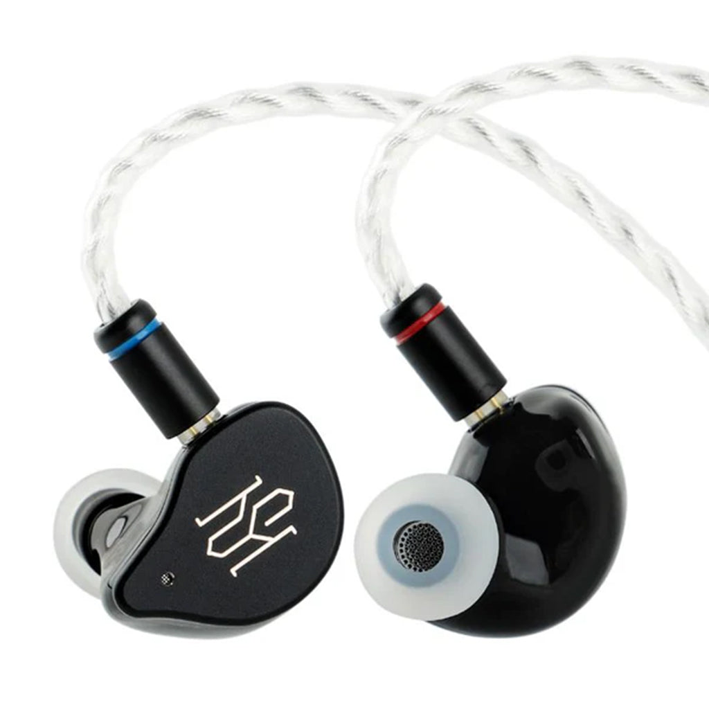 Close-up of SIMGOT SuperMix 5 In-Ear Monitors with braided cable and ergonomic ear tips for premium audio and comfort.