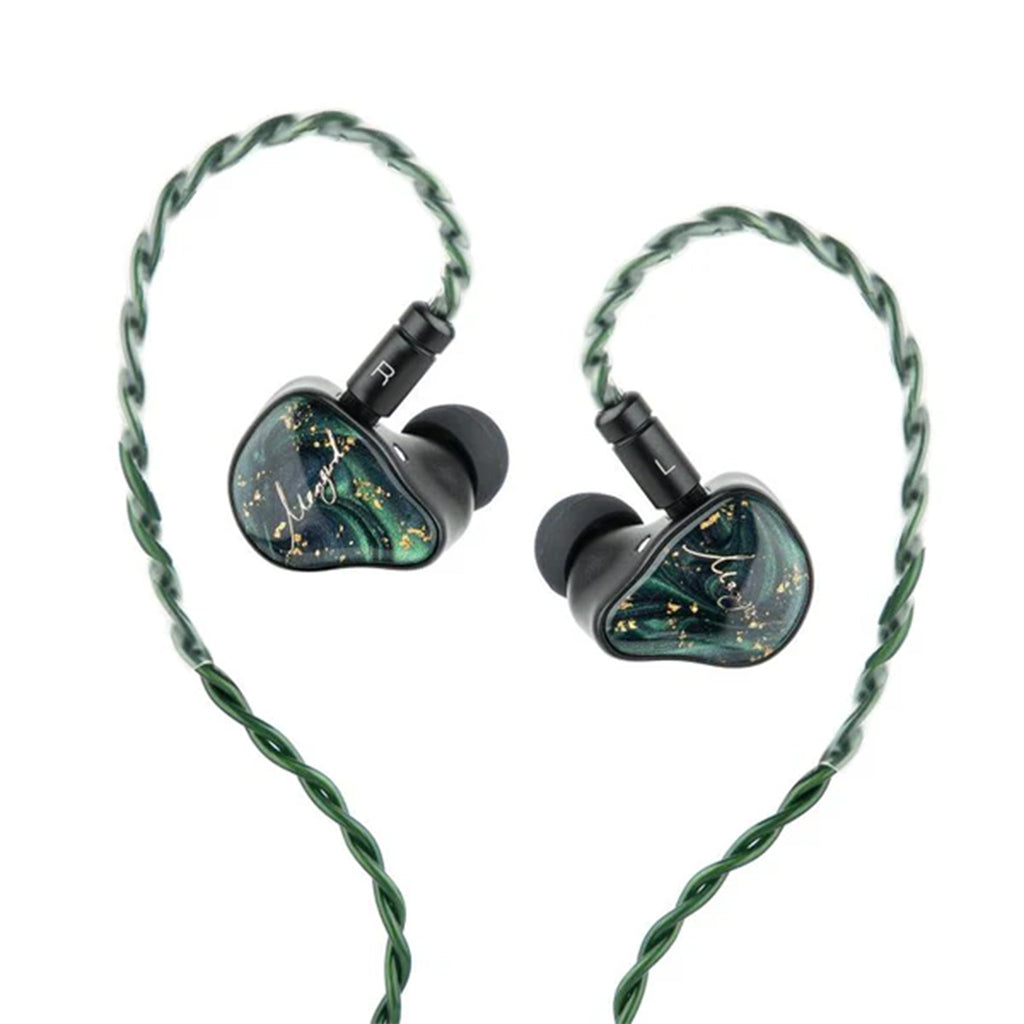 XENNS - Mangird Tea Pro SE IEMs connected with green braided cable, showcasing modular design and in-ear fit.