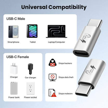 TECPHILE USB-C Data Blocker Adapter offers universal compatibility and protects against data theft, malware, and hackers.