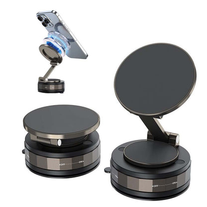 TECPHILE T30 360° adjustable magnetic mobile phone holder with foldable arm and strong suction base for car dashboard or desk use.