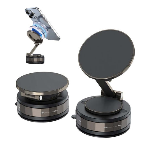 TECPHILE T30 360° adjustable magnetic mobile phone holder with foldable arm and strong suction base for car dashboard or desk use.