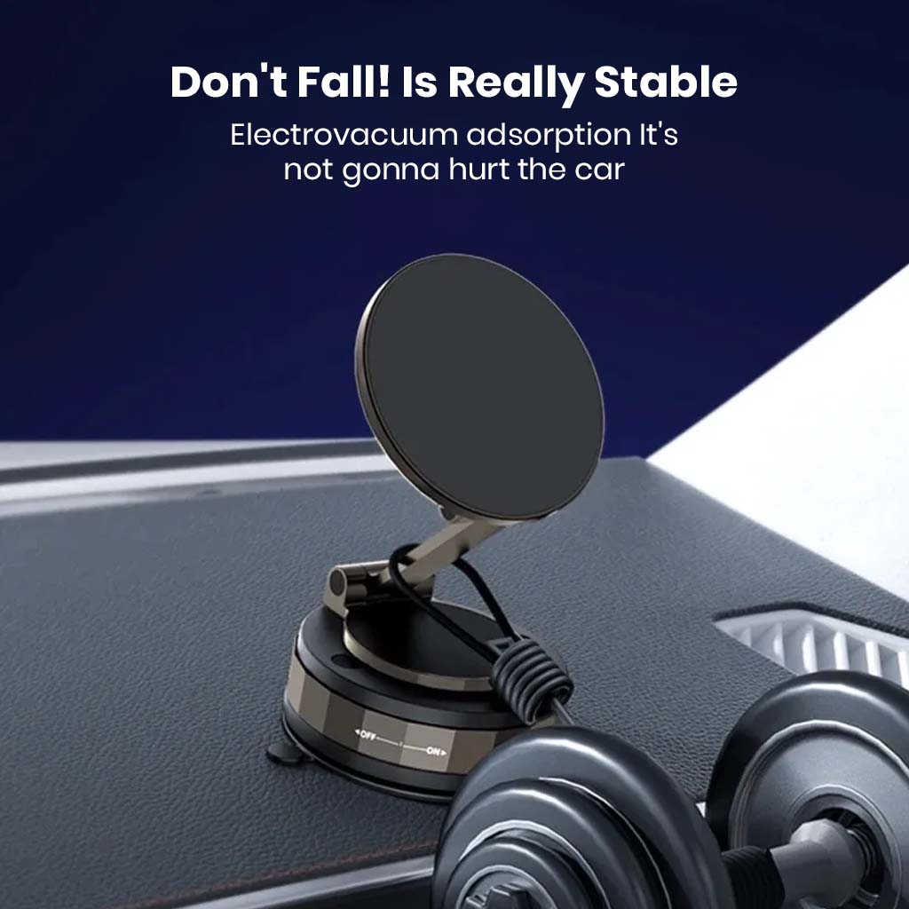 TECPHILE T30 magnetic phone holder with electrovacuum suction ensures strong grip and stability on car dashboards during driving.