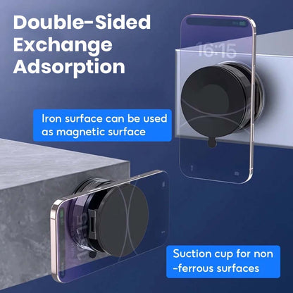 Double-sided TECPHILE T30 phone holder with magnetic and suction surfaces for flexible mounting on iron and non-ferrous materials.