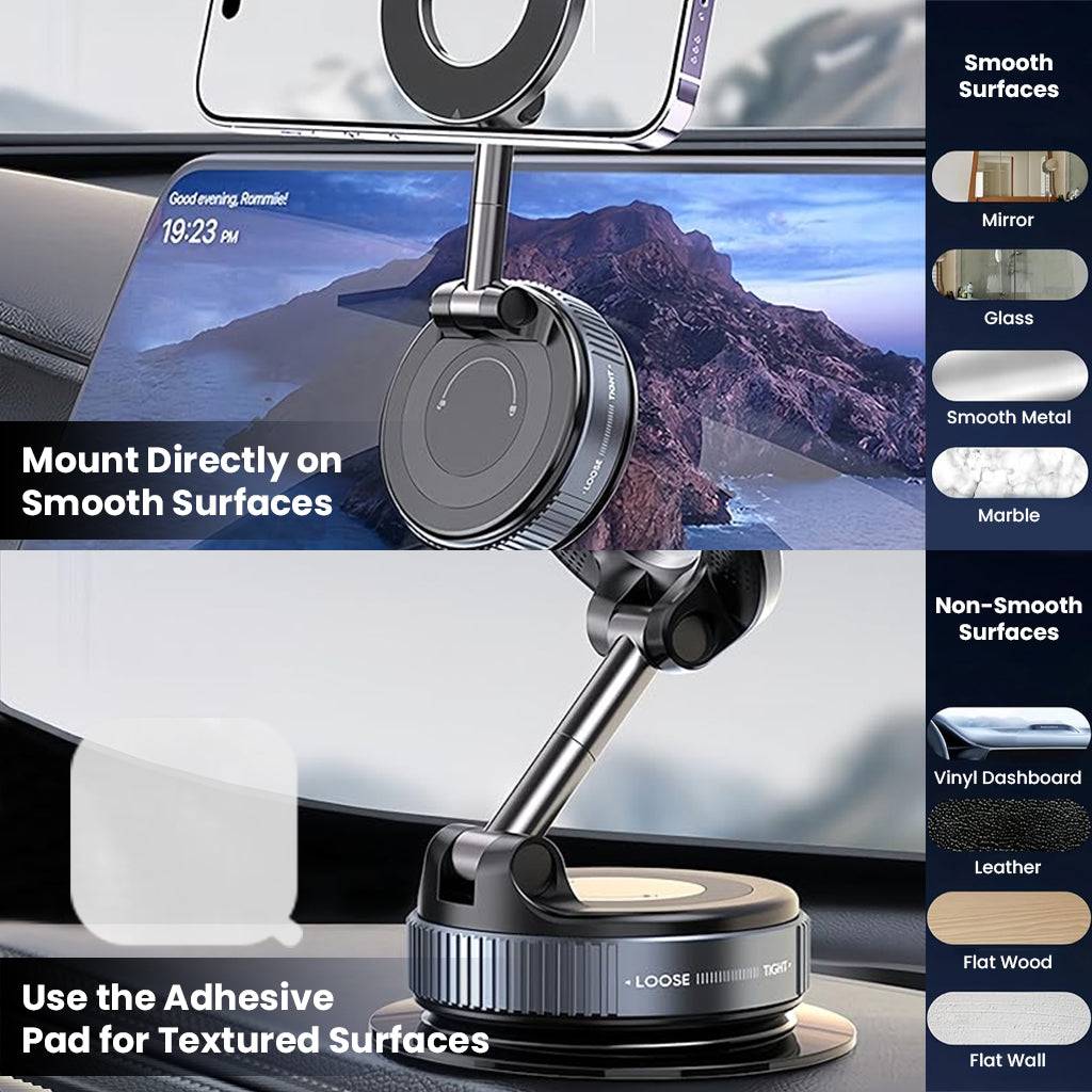 TECPHILE magnetic phone holder mounts on smooth and textured surfaces using adhesive pad, ideal for mirrors, glass, leather, and dashboards.