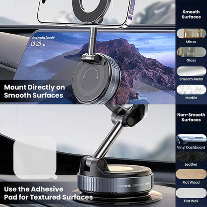 TECPHILE magnetic phone holder mounts on smooth and textured surfaces using adhesive pad, ideal for mirrors, glass, leather, and dashboards.