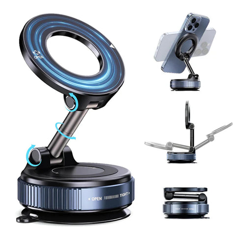 TECPHILE 360° adjustable magnetic mobile phone holder for car with foldable design and strong suction base for dashboard or windshield mounting.
