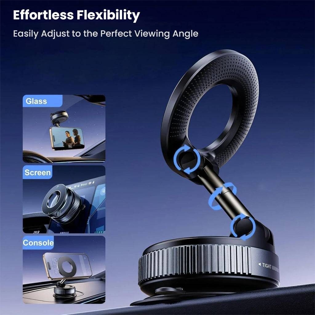 TECPHILE phone holder provides flexible adjustment for glass, screens, and consoles with 360° rotation and strong magnetic grip.