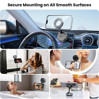 TECPHILE magnetic phone holder mounts securely on mirrors, windows, and dashboards, perfect for driving, makeup, or watching videos hands-free.