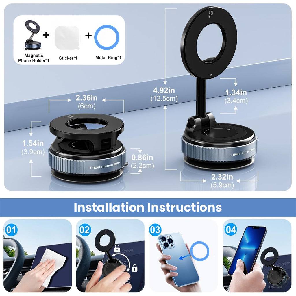 TECPHILE phone holder includes magnetic mount, metal ring, and sticker with adjustable height and easy installation for car or home use.