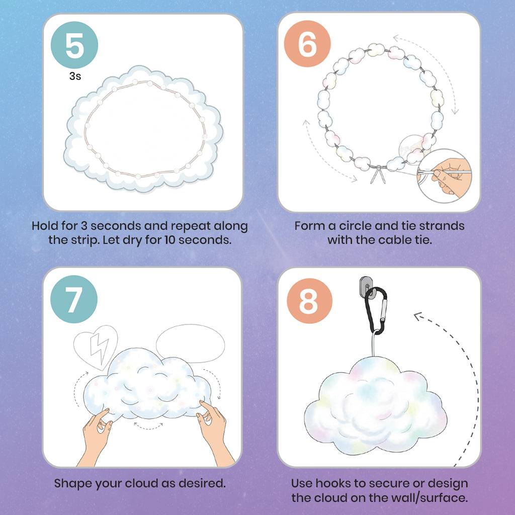 Final steps of assembling TECPHILE cloud light, including shaping, securing with hooks, and forming cloud structure with LED lighting.