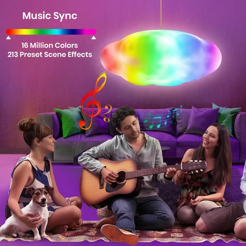 TECPHILE 3D cloud light with music sync and 16 million color options, enhancing living room ambiance during social gatherings.