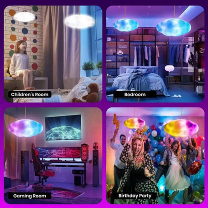 TECPHILE 3D cloud light used in various rooms like children's room, bedroom, gaming room, and party setup, enhancing ambiance with colorful lighting.