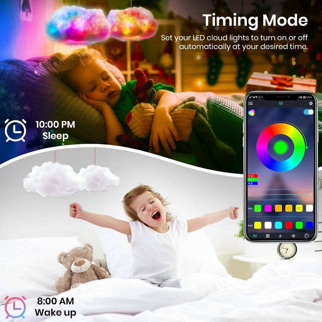 TECPHILE cloud light with timing mode for sleep and wake-up schedules, shown in a child's bedroom with soft white and colorful light settings.