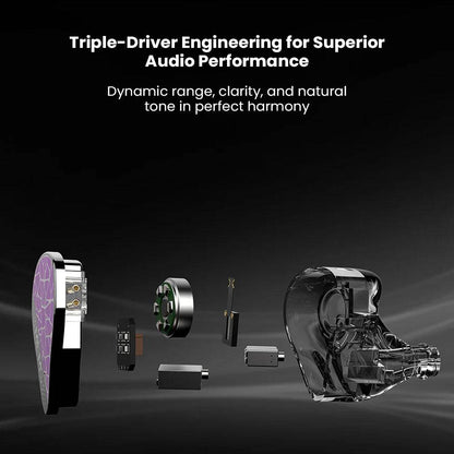 Exploded view of BINARY – EP321 MEMS In Ear Monitor showing triple-driver configuration for dynamic range and tonal accuracy.