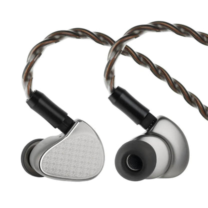 Pair of silver and black in-ear monitors with braided copper cable, showcasing sleek, modern audio equipment for audiophiles