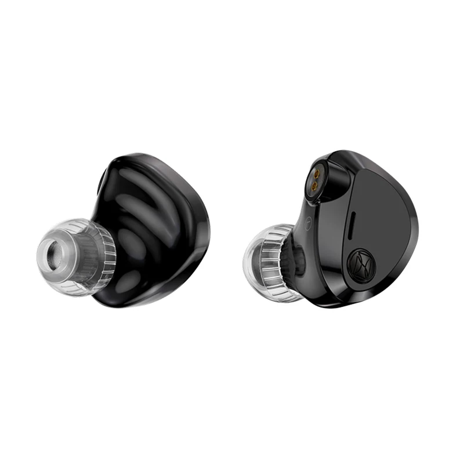 Black in-ear monitors with transparent ear tips for audio