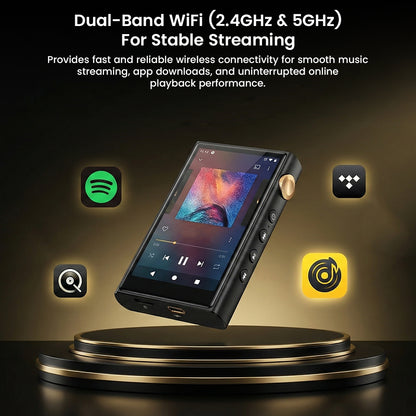 Music player with dual-band WiFi features on a dark background