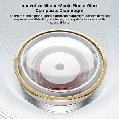 Close-up of TWISTURA Beta's micron-scale planar glass composite diaphragm for ultra-fast response and crystal-clear sound reproduction.