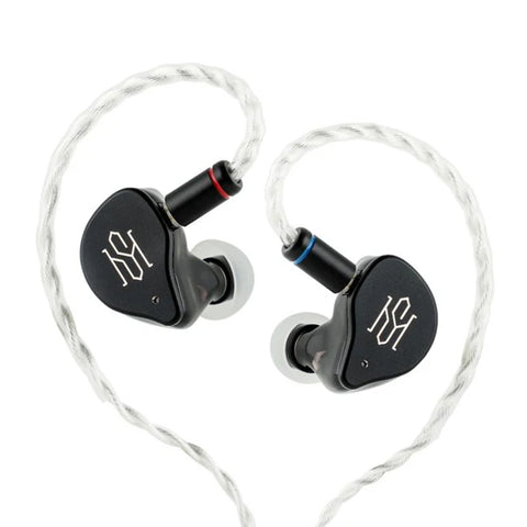 SIMGOT SuperMix 5 In-Ear Monitors with braided cable form a heart shape, showcasing stylish design and color-coded connectors.