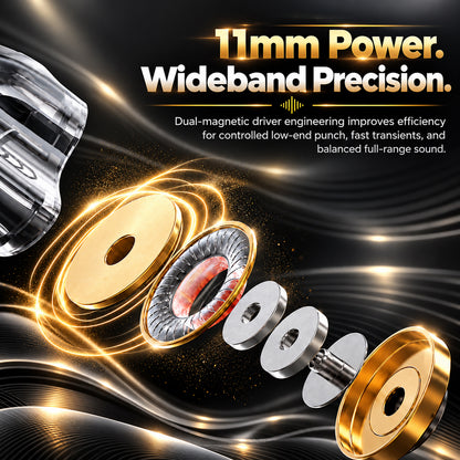 Exploded view of in-ear monitor components with gold, silver, and pink elements, showcasing driver parts and housing, on a dark background
