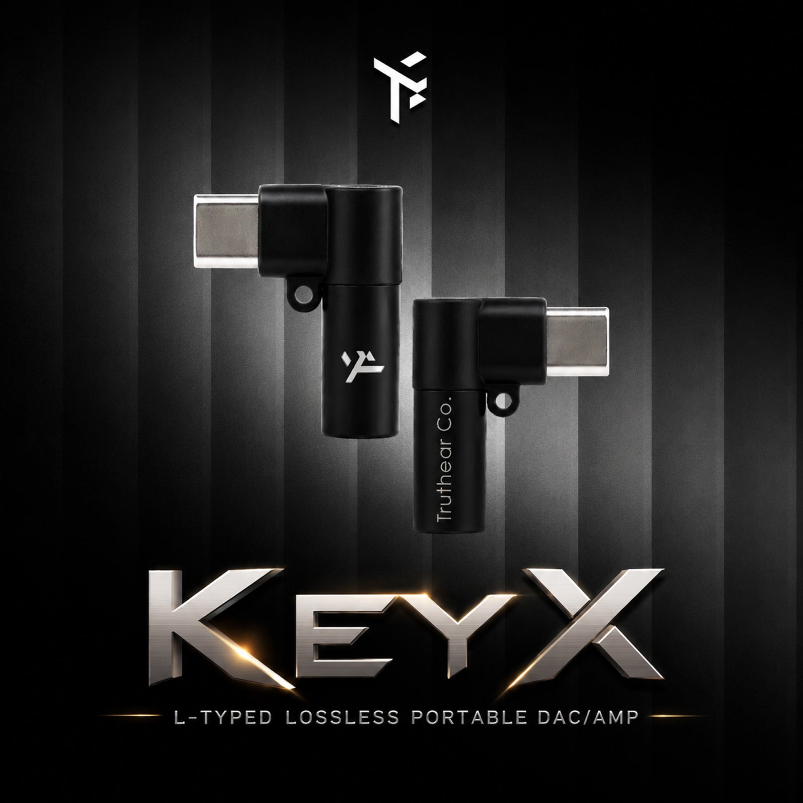 Dark background image of TRUTHEAR KeyX portable USB DAC/AMP highlighting its compact design and high-resolution audio capabilities