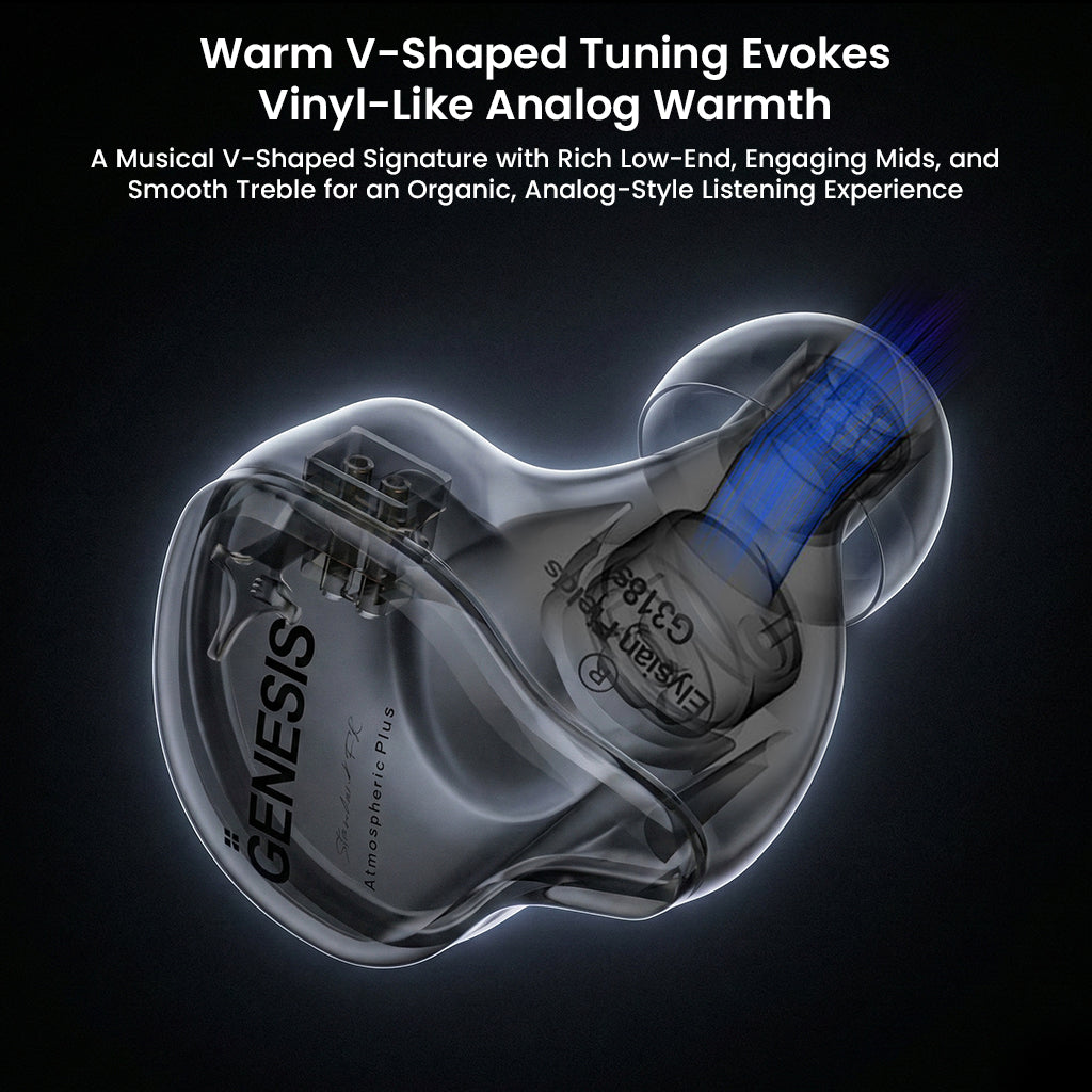 Transparent view of GENESIS G318s IEMs highlighting warm V-shaped tuning for rich bass, engaging mids, and smooth treble response.