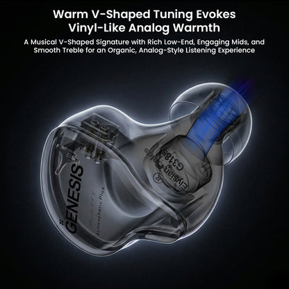 Transparent view of GENESIS G318s IEMs highlighting warm V-shaped tuning for rich bass, engaging mids, and smooth treble response.