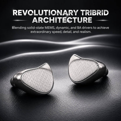 Black and silver in-ear monitors with textured surface, placed on a dark textured background, highlighting premium audio technology