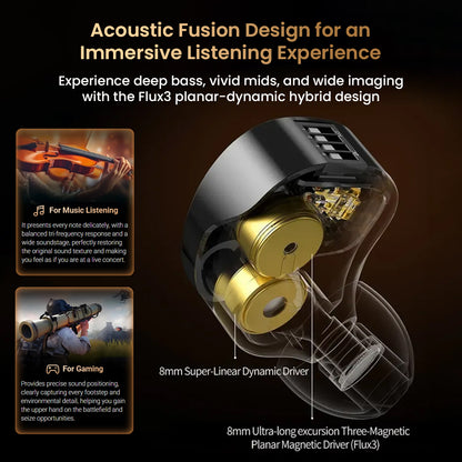 Cutaway of KZ Duonic IEM showing 8mm dynamic and planar drivers for immersive audio, ideal for music and gaming use.