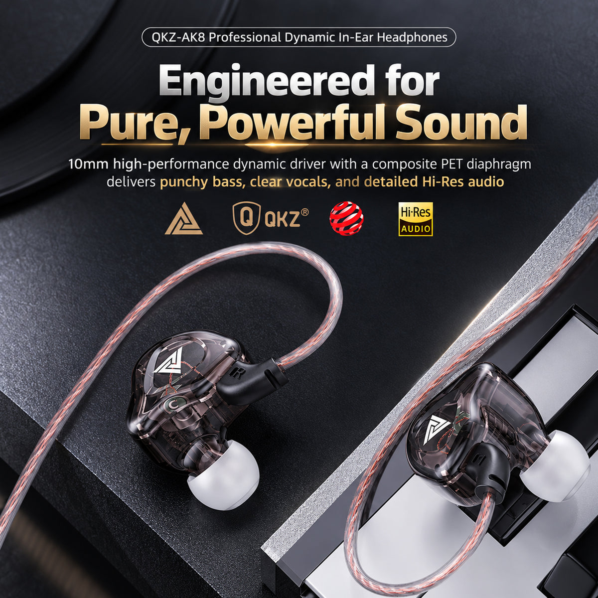 Packaging display with bold text highlighting 10mm power, refined detail, and pure signal, showcasing advanced audio features of the in-ear monitors.