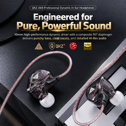 Packaging display with bold text highlighting 10mm power, refined detail, and pure signal, showcasing advanced audio features of the in-ear monitors.
