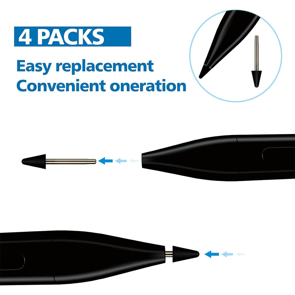 Illustration of TECPHILE stylus nibs being easily replaced on a Surface Pencil, showing 4-pack convenience and tool-free installation.