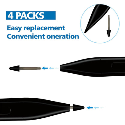 Illustration of TECPHILE stylus nibs being easily replaced on a Surface Pencil, showing 4-pack convenience and tool-free installation.