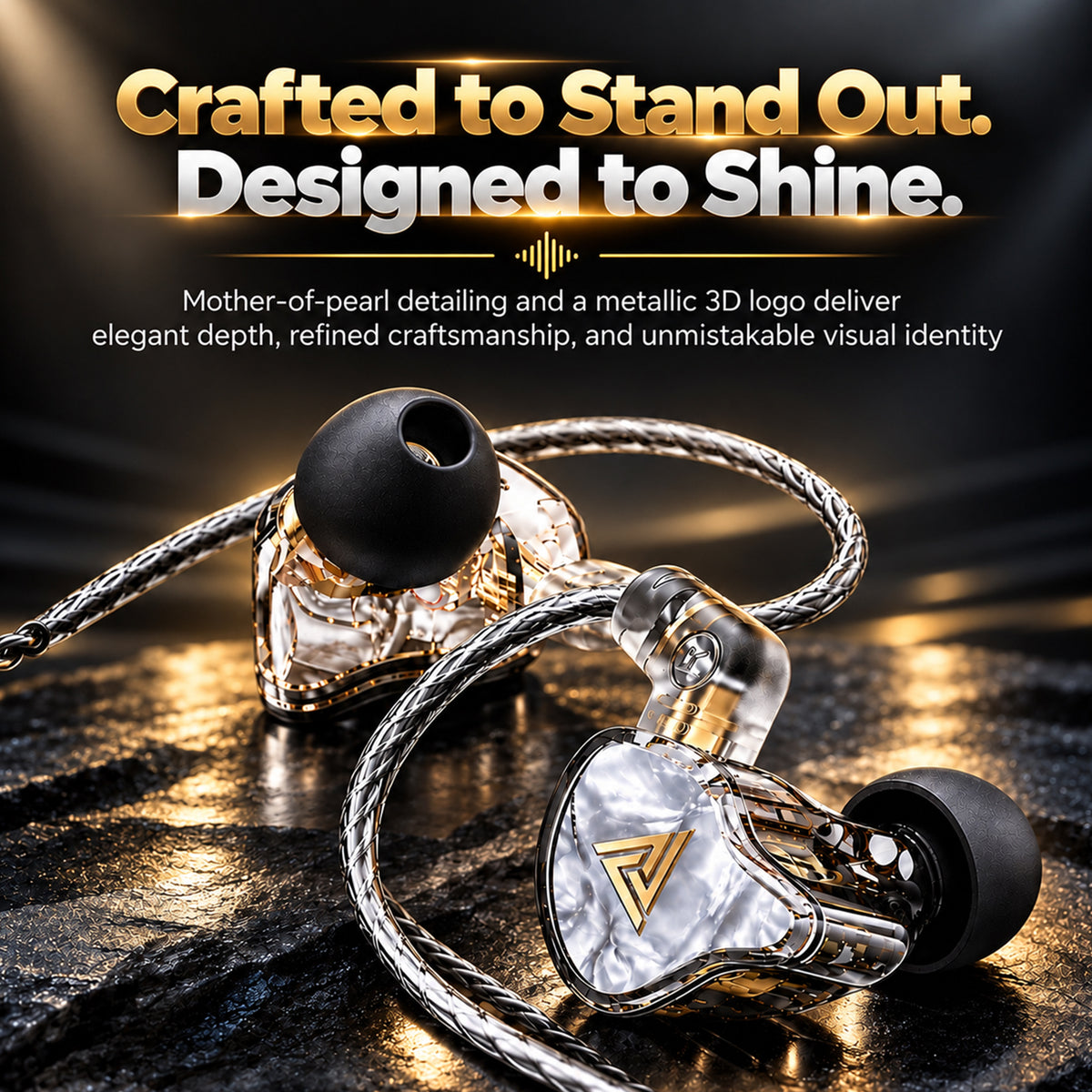 Image of a woman wearing colorful in-ear monitors with a braided cable, showcasing lightweight comfort and long listening experience.