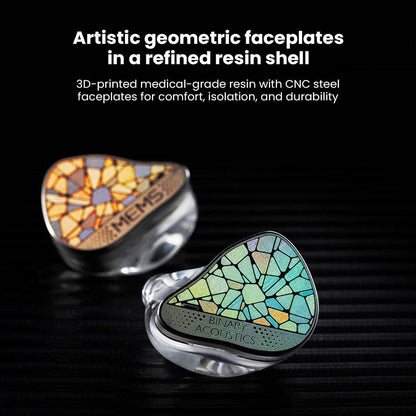 Colorful geometric faceplates of BINARY – EP321 MEMS IEMs crafted from CNC steel and 3D-printed resin for durability and comfort.