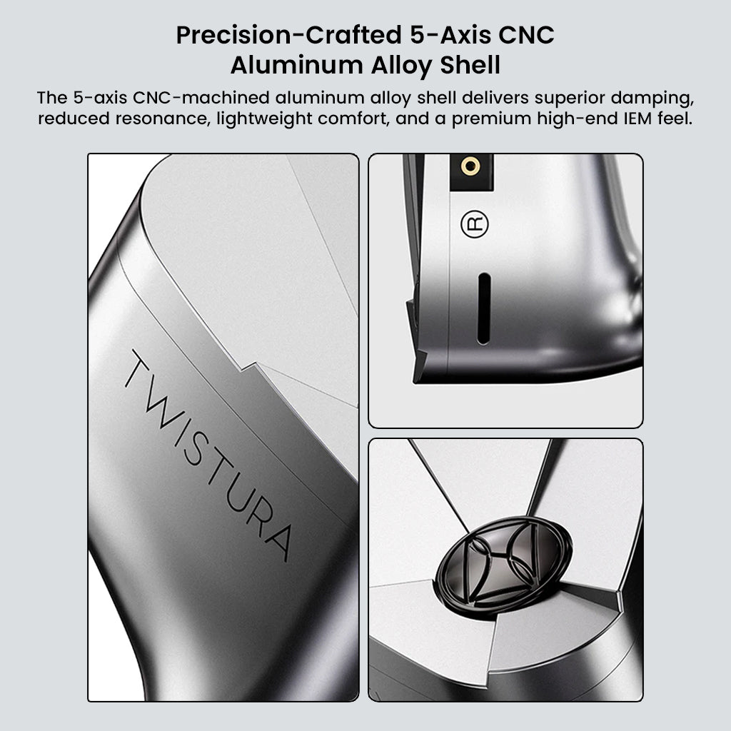 Detailed view of TWISTURA Beta's 5-axis CNC aluminum alloy shell offering lightweight comfort and high-end in-ear monitor aesthetics.