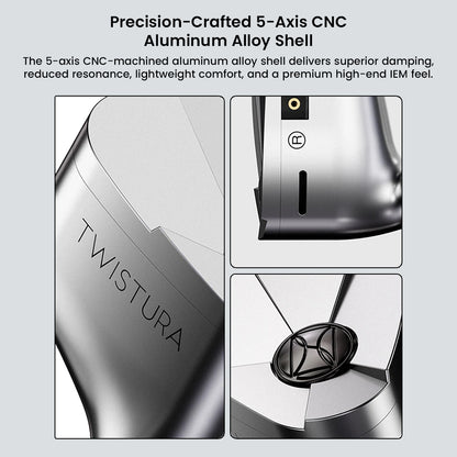Detailed view of TWISTURA Beta's 5-axis CNC aluminum alloy shell offering lightweight comfort and high-end in-ear monitor aesthetics.
