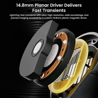 14.8mm planar magnetic driver of LETSHUOER S12 Ultra IEMs shown in cross-section, emphasizing fast transients and high resolution.