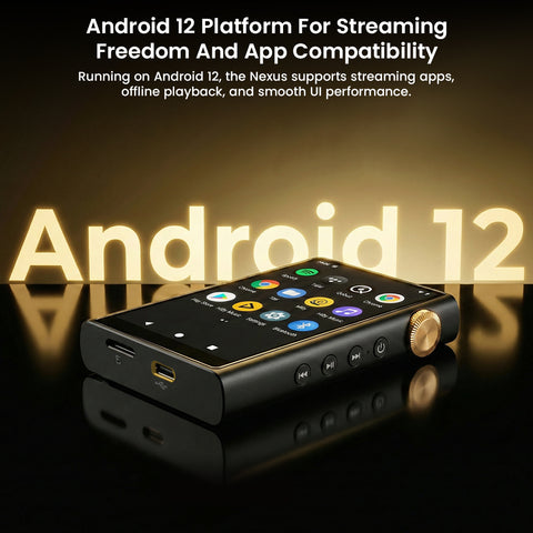 Android 12 streaming digital audio player with gold knob and display