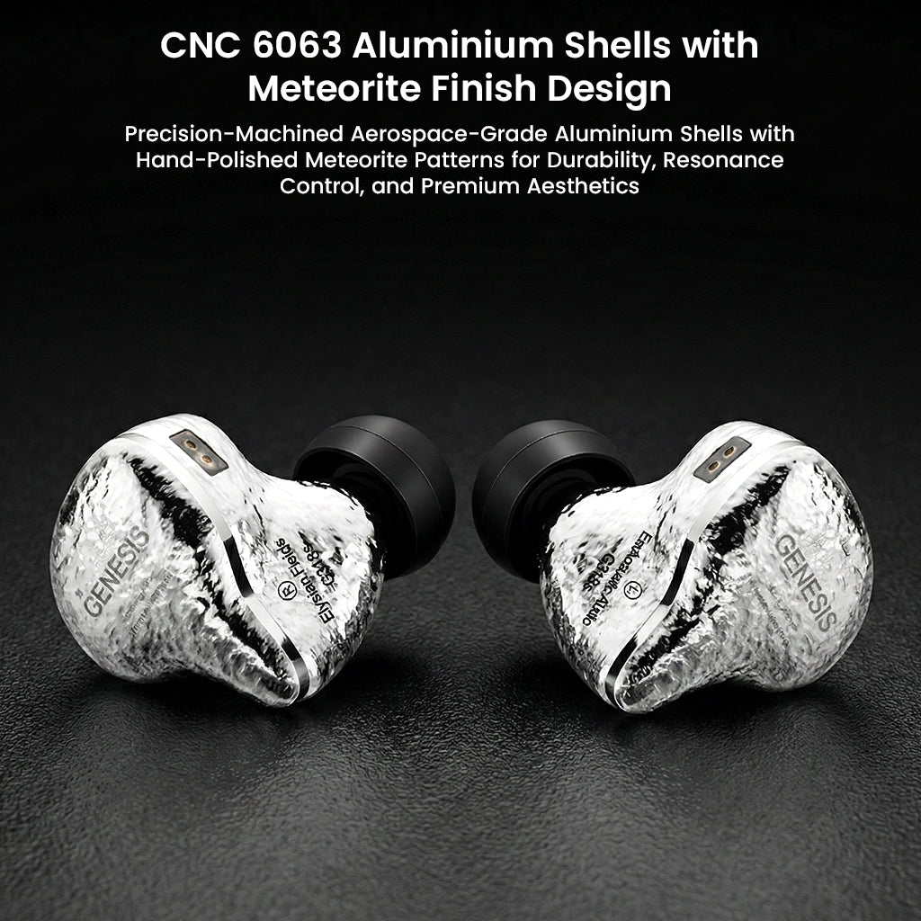 GENESIS G318s IEMs with CNC 6063 aluminum shells and meteorite finish for superior resonance control and premium design.