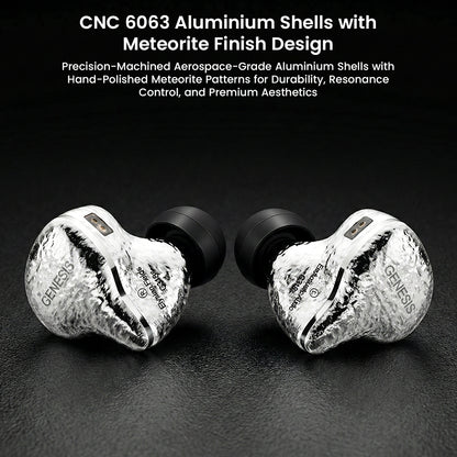 GENESIS G318s IEMs with CNC 6063 aluminum shells and meteorite finish for superior resonance control and premium design.