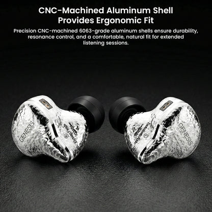 CNC-machined aluminum shell of GENESIS G318 IEM offers ergonomic fit, durability, and natural resonance control for extended listening comfort.